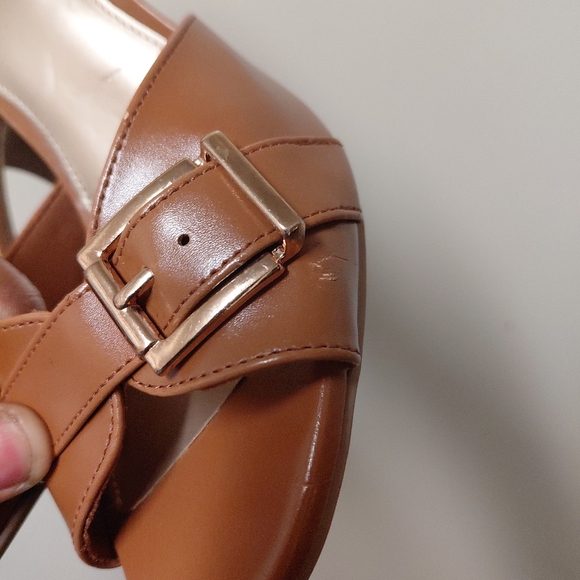 Fioni Camel Colored Brown Faux Leather Buckle Open Toe Heeled Mules 6 - Picture 3 of 13